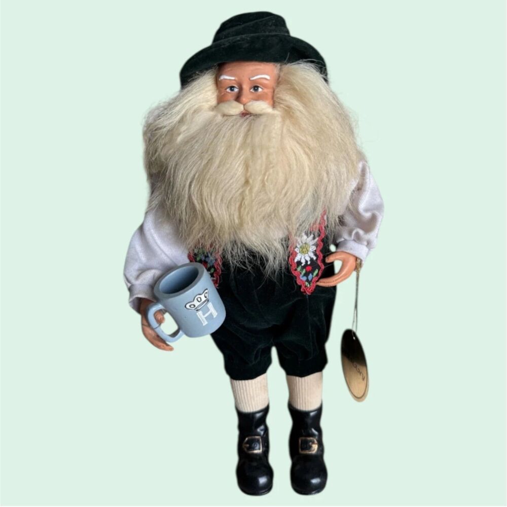 Bavarian Santa Gnome Doll 12" Lederhosen Folk Art Mug & Tag Alpine Decor